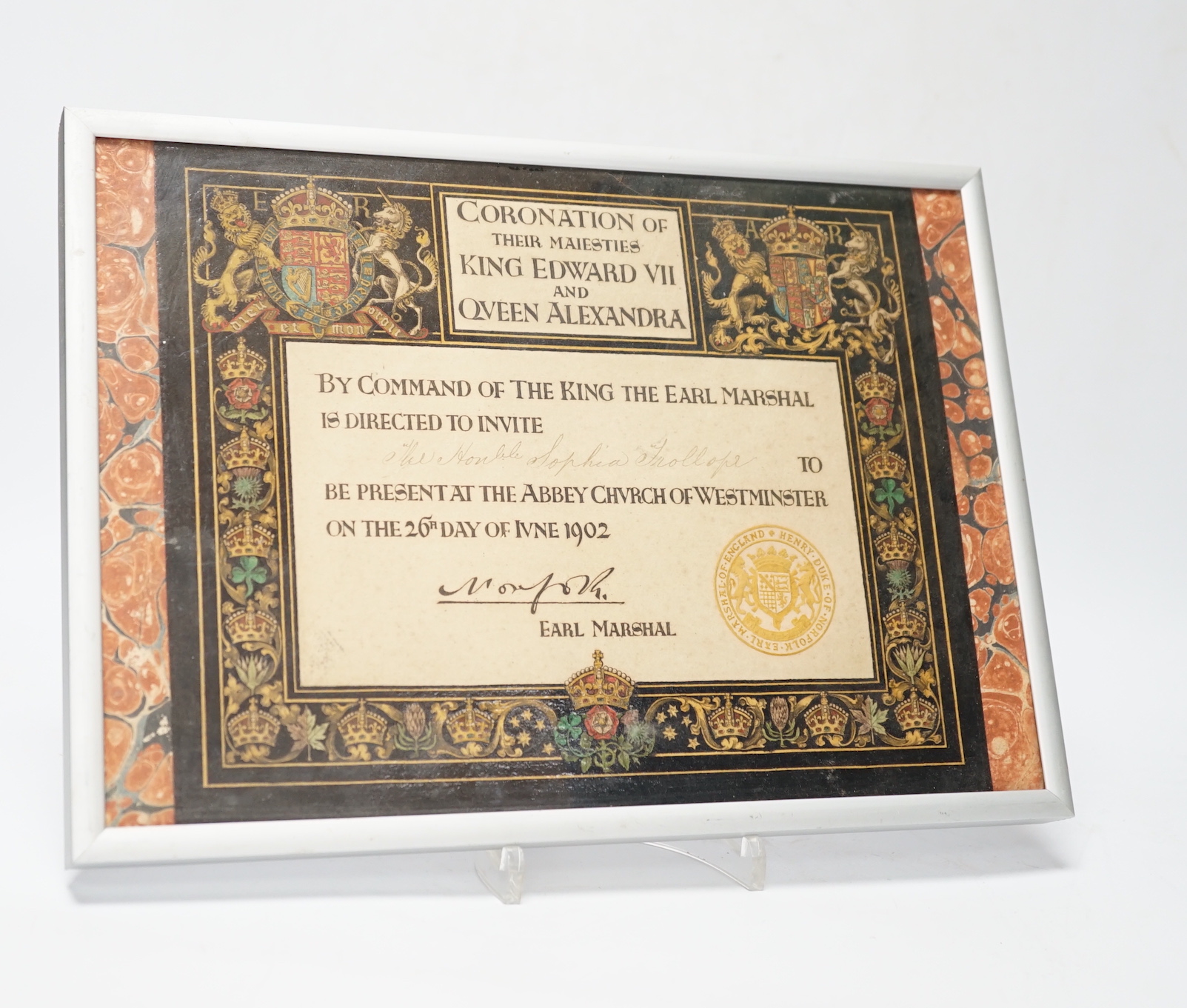 A framed Invite to the 1902 Coronation of King Edward VII